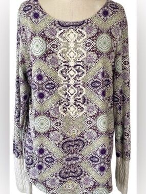 Sundance Catalog Veda Embroidered Front Top XL Cable Knit Cuff Tile Print